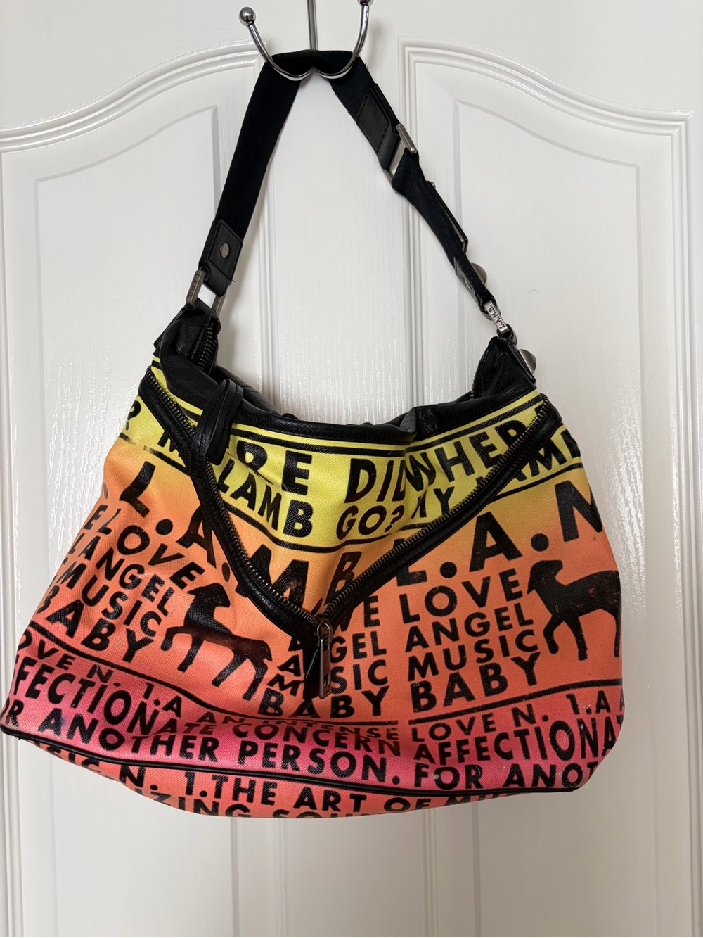 L.A.M.B. Y2K Yellow to Orange and Pink Gradient Text Hobo Bag with Black Accents